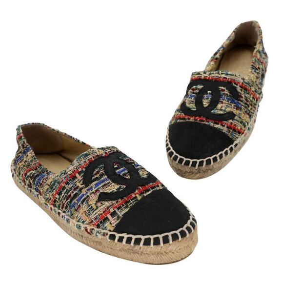 Chanel Espadrille 38 Tweed Canvas Metallic Flats CC-S0207P-C011 - Picture 1 of 12